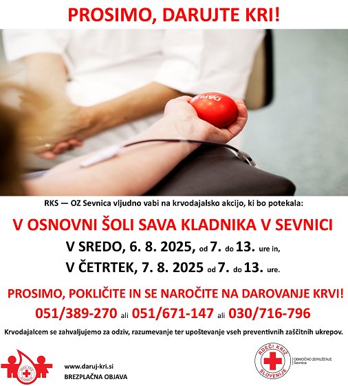 Plakat za najavo krvodajalske akcije, ki vsebuje enake informacije kot tekst nad plakatom. 