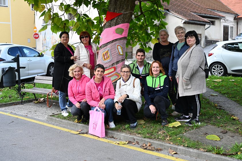 Skupinska fotografija prostovoljcev, ki so eno izmed občinskih dreves ovili v roza tkanino.