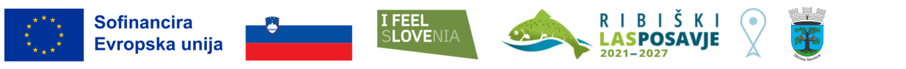 Skupina logotipov, ki označujejo financerje in partnerje projekta Jem lokalno, živim globalno. Logotipi od leve proti desni: EU, s pripisom sofinancira Evropska unija, slovenska zastava, I feel Slovenija, Ribiški LAS Posavje 2021-2027, emblem ribice Ribiškega sklada, grb Občine Sevnica