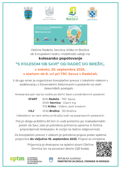 Plakat s kolesom ob Savi, na katerem so navedeni postanki kolesarske karavane in informacije za prijavo, tako kot je navedeno v tekstu. 