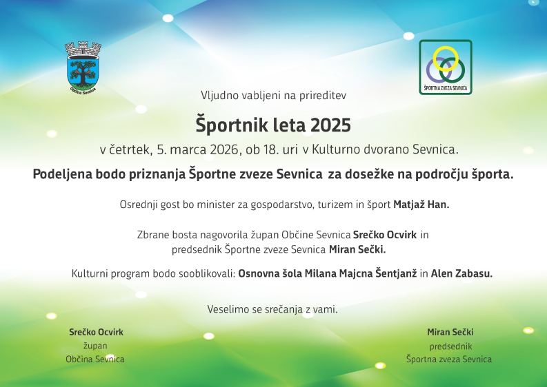Vabilo na prireditev Športnik leta 2025, ki vsebuje enake vsebinske elemente kot so v besedilu 