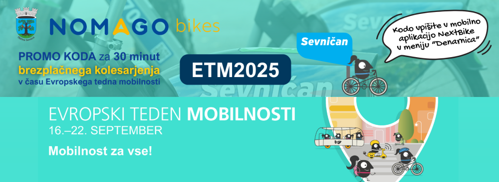 Plakat za promocijo 30 minut brezplačne uporabe e-kolesa Sevničan, ki si jo občani lahko zagotovijo z vpisom kode ETM2025 v aplikacijo nextbike. 
