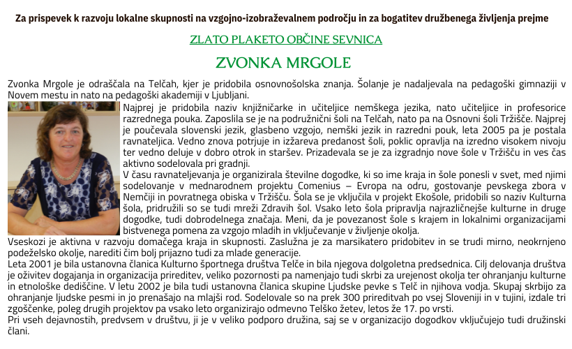 Zlata plaketa Občine Sevnica_Zvonka Mrgole.png